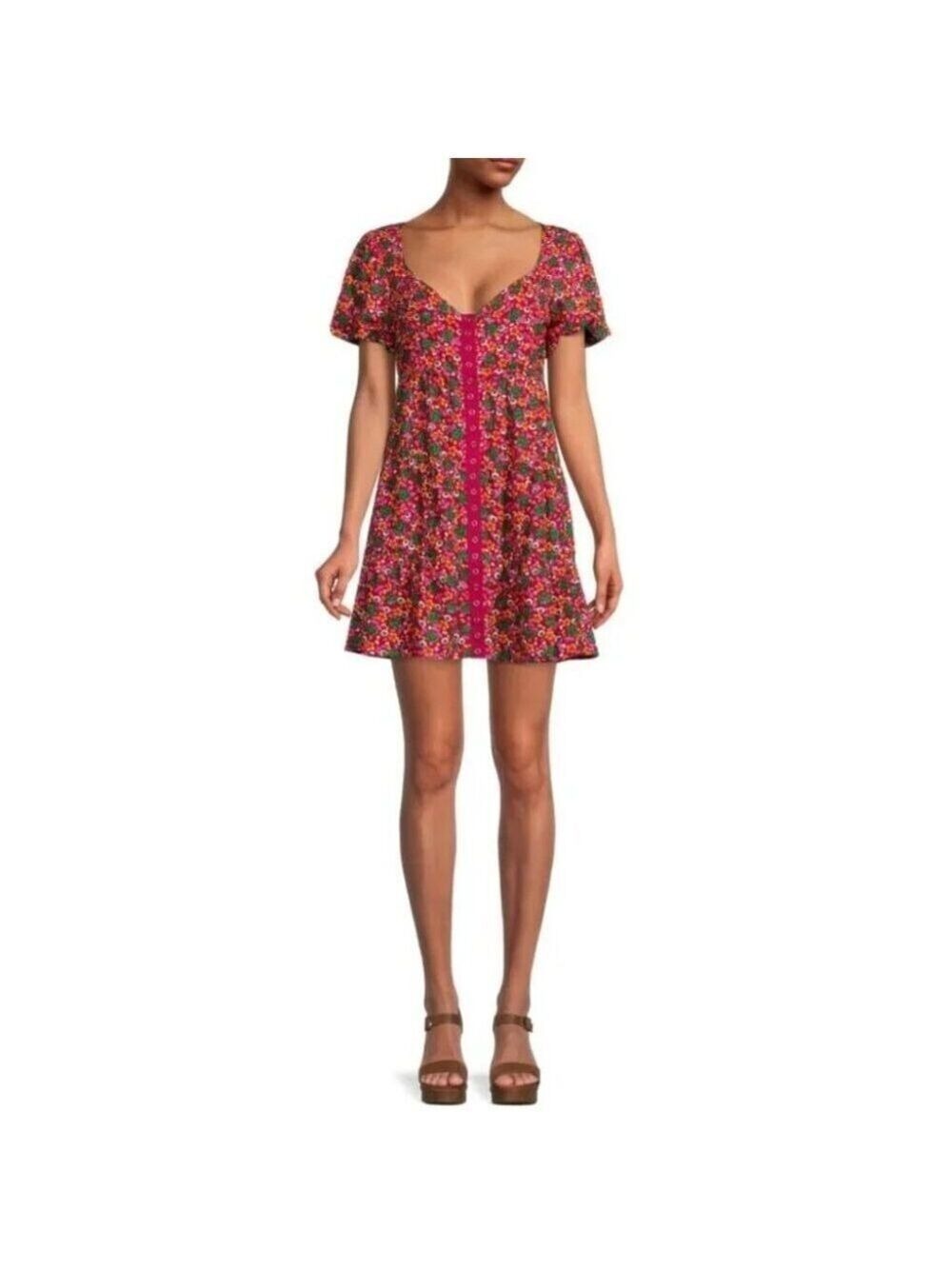 New BETSEY JOHNSON Floral-Print Button-Front Dress in Vivacious Pink Size S